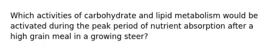 Which activities of carbohydrate and lipid metabolism would be activated during the peak period of nutrient absorption after a high grain meal in a growing steer?