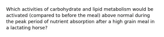 Which activities of carbohydrate and lipid metabolism would be activated (compared to before the meal) above normal during the peak period of nutrient absorption after a high grain meal in a lactating horse?