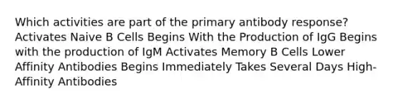 Which activities are part of the primary antibody response? Activates Naive B Cells Begins With the Production of IgG Begins with the production of IgM Activates Memory B Cells Lower Affinity Antibodies Begins Immediately Takes Several Days High-Affinity Antibodies