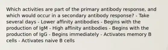 Which activities are part of the primary antibody response, and which would occur in a secondary antibody response? - Take several days - Lower affinity antibodies - Begins with the production of IgM - High affinity antibodies - Begins with the production of IgG - Begins immediately - Activates memory B cells - Activates naive B cells