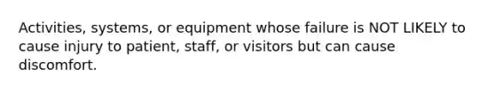 Activities, systems, or equipment whose failure is NOT LIKELY to cause injury to patient, staff, or visitors but can cause discomfort.