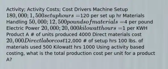 Activity; Activity Costs; Cost Drivers Machine Setup 180,000; 1,500 setup hours =120 per set up hr Materials Handling 50,000; 12,500 pounds of materials =4 per pound Electric Power 20,000; 20,000 kilowatt hours =1 per KWH Product A # of units produced 4000 Direct materials cost 20,000 Direct labor cost12,000 # of setup hrs 100 lbs. of materials used 500 Kilowatt hrs 1000 Using activity based costing, what is the total production cost per unit for a product A?