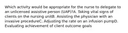 Which activity would be appropriate for the nurse to delegate to an unlicensed assistive person (UAP)?A. Taking vital signs of clients on the nursing unitB. Assisting the physician with an invasive procedureC. Adjusting the rate on an infusion pumpD. Evaluating achievement of client outcome goals