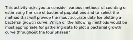 This activity asks you to consider various methods of counting or estimating the size of bacterial populations and to select the method that will provide the most accurate data for plotting a bacterial growth curve. Which of the following methods would be most appropriate for gathering data to plot a bacterial growth curve throughout the four phases?