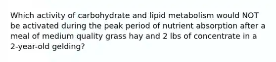 Which activity of carbohydrate and lipid metabolism would NOT be activated during the peak period of nutrient absorption after a meal of medium quality grass hay and 2 lbs of concentrate in a 2-year-old gelding?