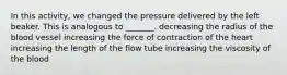 In this activity, we changed the pressure delivered by the left beaker. This is analogous to _______. decreasing the radius of the blood vessel increasing the force of contraction of the heart increasing the length of the flow tube increasing the viscosity of the blood