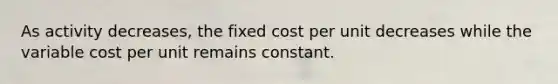 As activity decreases, the fixed cost per unit decreases while the variable cost per unit remains constant.