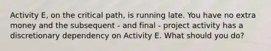 Activity E, on the critical path, is running late. You have no extra money and the subsequent - and final - project activity has a discretionary dependency on Activity E. What should you do?