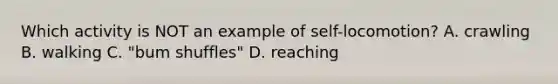 Which activity is NOT an example of self-locomotion? A. crawling B. walking C. "bum shuffles" D. reaching