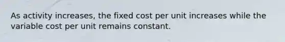 As activity increases, the fixed cost per unit increases while the variable cost per unit remains constant.