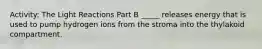 Activity: The Light Reactions Part B _____ releases energy that is used to pump hydrogen ions from the stroma into the thylakoid compartment.