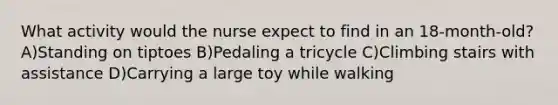 What activity would the nurse expect to find in an 18-month-old? A)Standing on tiptoes B)Pedaling a tricycle C)Climbing stairs with assistance D)Carrying a large toy while walking