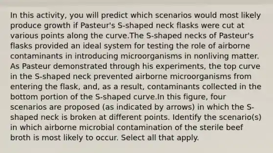 In this activity, you will predict which scenarios would most likely produce growth if Pasteur's S-shaped neck flasks were cut at various points along the curve.The S-shaped necks of Pasteur's flasks provided an ideal system for testing the role of airborne contaminants in introducing microorganisms in nonliving matter. As Pasteur demonstrated through his experiments, the top curve in the S-shaped neck prevented airborne microorganisms from entering the flask, and, as a result, contaminants collected in the bottom portion of the S-shaped curve.In this figure, four scenarios are proposed (as indicated by arrows) in which the S-shaped neck is broken at different points. Identify the scenario(s) in which airborne microbial contamination of the sterile beef broth is most likely to occur. Select all that apply.