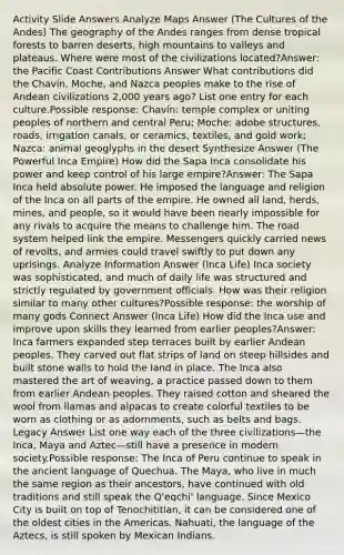 Activity Slide Answers Analyze Maps Answer (The Cultures of the Andes) The geography of the Andes ranges from dense tropical forests to barren deserts, high mountains to valleys and plateaus. Where were most of the civilizations located?Answer: the Pacific Coast Contributions Answer What contributions did the Chavín, Moche, and Nazca peoples make to the rise of Andean civilizations 2,000 years ago? List one entry for each culture.Possible response: Chavín: temple complex or uniting peoples of northern and central Peru; Moche: adobe structures, roads, irrigation canals, or ceramics, textiles, and gold work; Nazca: animal geoglyphs in the desert Synthesize Answer (The Powerful Inca Empire) How did the Sapa Inca consolidate his power and keep control of his large empire?Answer: The Sapa Inca held absolute power. He imposed the language and religion of the Inca on all parts of the empire. He owned all land, herds, mines, and people, so it would have been nearly impossible for any rivals to acquire the means to challenge him. The road system helped link the empire. Messengers quickly carried news of revolts, and armies could travel swiftly to put down any uprisings. Analyze Information Answer (Inca Life) Inca society was sophisticated, and much of daily life was structured and strictly regulated by government officials. How was their religion similar to many other cultures?Possible response: the worship of many gods Connect Answer (Inca Life) How did the Inca use and improve upon skills they learned from earlier peoples?Answer: Inca farmers expanded step terraces built by earlier Andean peoples. They carved out flat strips of land on steep hillsides and built stone walls to hold the land in place. The Inca also mastered the art of weaving, a practice passed down to them from earlier Andean peoples. They raised cotton and sheared the wool from llamas and alpacas to create colorful textiles to be worn as clothing or as adornments, such as belts and bags. Legacy Answer List one way each of the three civilizations—the Inca, Maya and Aztec—still have a presence in modern society.Possible response: The Inca of Peru continue to speak in the ancient language of Quechua. The Maya, who live in much the same region as their ancestors, have continued with old traditions and still speak the Q'eqchi' language. Since Mexico City is built on top of Tenochititlan, it can be considered one of the oldest cities in the Americas. Nahuati, the language of the Aztecs, is still spoken by Mexican Indians.