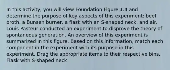 In this activity, you will view Foundation Figure 1.4 and determine the purpose of key aspects of this experiment: beef broth, a Bunsen burner, a flask with an S-shaped neck, and air. Louis Pasteur conducted an experiment to disprove the theory of spontaneous generation. An overview of this experiment is summarized in this figure. Based on this information, match each component in the experiment with its purpose in this experiment. Drag the appropriate items to their respective bins. Flask with S-shaped neck