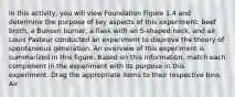 In this activity, you will view Foundation Figure 1.4 and determine the purpose of key aspects of this experiment: beef broth, a Bunsen burner, a flask with an S-shaped neck, and air. Louis Pasteur conducted an experiment to disprove the theory of spontaneous generation. An overview of this experiment is summarized in this figure. Based on this information, match each component in the experiment with its purpose in this experiment. Drag the appropriate items to their respective bins. Air