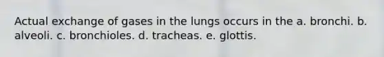 Actual exchange of gases in the lungs occurs in the a. bronchi. b. alveoli. c. bronchioles. d. tracheas. e. glottis.