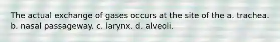 The actual exchange of gases occurs at the site of the a. trachea. b. nasal passageway. c. larynx. d. alveoli.