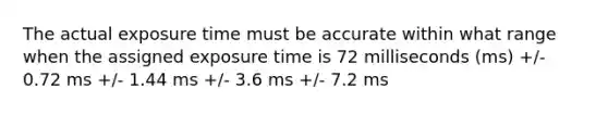 The actual exposure time must be accurate within what range when the assigned exposure time is 72 milliseconds (ms) +/- 0.72 ms +/- 1.44 ms +/- 3.6 ms +/- 7.2 ms