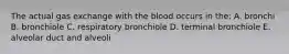 The actual gas exchange with the blood occurs in the: A. bronchi B. bronchiole C. respiratory bronchiole D. terminal bronchiole E. alveolar duct and alveoli