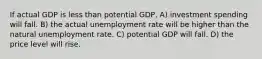 If actual GDP is less than potential GDP, A) investment spending will fall. B) the actual unemployment rate will be higher than the natural unemployment rate. C) potential GDP will fall. D) the price level will rise.