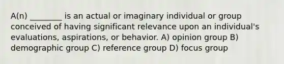 A(n) ________ is an actual or imaginary individual or group conceived of having significant relevance upon an individual's evaluations, aspirations, or behavior. A) opinion group B) demographic group C) reference group D) focus group