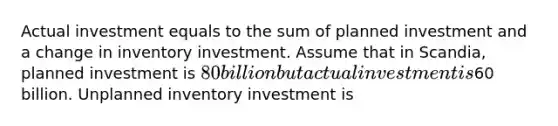 Actual investment equals to the sum of planned investment and a change in inventory investment. Assume that in Scandia, planned investment is 80 billion but actual investment is60 billion. Unplanned inventory investment is