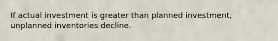 If actual investment is <a href='https://www.questionai.com/knowledge/ktgHnBD4o3-greater-than' class='anchor-knowledge'>greater than</a> planned investment, unplanned inventories decline.