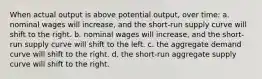 When actual output is above potential output, over time: a. nominal wages will increase, and the short-run supply curve will shift to the right. b. nominal wages will increase, and the short-run supply curve will shift to the left. c. the aggregate demand curve will shift to the right. d. the short-run aggregate supply curve will shift to the right.