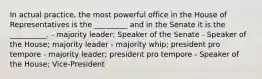 In actual practice, the most powerful office in the House of Representatives is the _________ and in the Senate it is the __________. - majority leader; Speaker of the Senate - Speaker of the House; majority leader - majority whip; president pro tempore - majority leader; president pro tempore - Speaker of the House; Vice-President