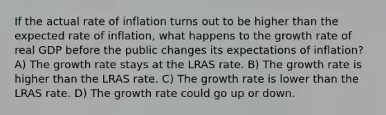 If the actual rate of inflation turns out to be higher than the expected rate of inflation, what happens to the growth rate of real GDP before the public changes its expectations of inflation? A) The growth rate stays at the LRAS rate. B) The growth rate is higher than the LRAS rate. C) The growth rate is lower than the LRAS rate. D) The growth rate could go up or down.