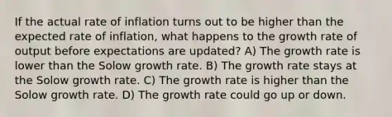 If the actual rate of inflation turns out to be higher than the expected rate of inflation, what happens to the growth rate of output before expectations are updated? A) The growth rate is lower than the Solow growth rate. B) The growth rate stays at the Solow growth rate. C) The growth rate is higher than the Solow growth rate. D) The growth rate could go up or down.