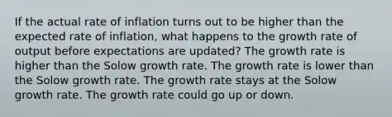 If the actual rate of inflation turns out to be higher than the expected rate of inflation, what happens to the growth rate of output before expectations are updated? The growth rate is higher than the Solow growth rate. The growth rate is lower than the Solow growth rate. The growth rate stays at the Solow growth rate. The growth rate could go up or down.