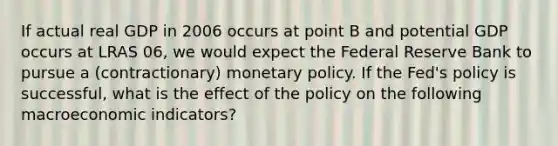 If actual real GDP in 2006 occurs at point B and potential GDP occurs at LRAS 06​, we would expect the Federal Reserve Bank to pursue a (contractionary) monetary policy. If the​ Fed's policy is​ successful, what is the effect of the policy on the following macroeconomic​ indicators?