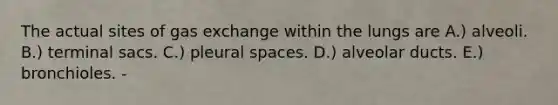 The actual sites of <a href='https://www.questionai.com/knowledge/kU8LNOksTA-gas-exchange' class='anchor-knowledge'>gas exchange</a> within the lungs are A.) alveoli. B.) terminal sacs. C.) pleural spaces. D.) alveolar ducts. E.) bronchioles. -