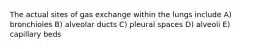 The actual sites of gas exchange within the lungs include A) bronchioles B) alveolar ducts C) pleural spaces D) alveoli E) capillary beds