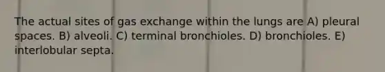 The actual sites of gas exchange within the lungs are A) pleural spaces. B) alveoli. C) terminal bronchioles. D) bronchioles. E) interlobular septa.