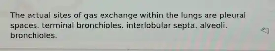The actual sites of gas exchange within the lungs are pleural spaces. terminal bronchioles. interlobular septa. alveoli. bronchioles.
