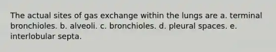 The actual sites of gas exchange within the lungs are a. terminal bronchioles. b. alveoli. c. bronchioles. d. pleural spaces. e. interlobular septa.