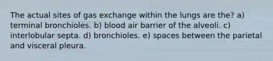 The actual sites of gas exchange within the lungs are the? a) terminal bronchioles. b) blood air barrier of the alveoli. c) interlobular septa. d) bronchioles. e) spaces between the parietal and visceral pleura.