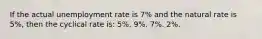 If the actual unemployment rate is 7% and the natural rate is 5%, then the cyclical rate is: 5%. 9%. 7%. 2%.