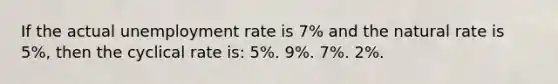 If the actual unemployment rate is 7% and the natural rate is 5%, then the cyclical rate is: 5%. 9%. 7%. 2%.