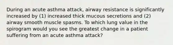 During an acute asthma attack, airway resistance is significantly increased by (1) increased thick mucous secretions and (2) airway smooth muscle spasms. To which lung value in the spirogram would you see the greatest change in a patient suffering from an acute asthma attack?