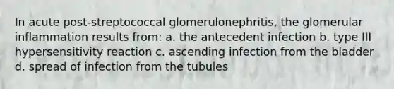 In acute post-streptococcal glomerulonephritis, the glomerular inflammation results from: a. the antecedent infection b. type III hypersensitivity reaction c. ascending infection from the bladder d. spread of infection from the tubules