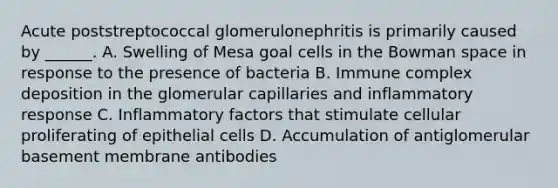 Acute poststreptococcal glomerulonephritis is primarily caused by ______. A. Swelling of Mesa goal cells in the Bowman space in response to the presence of bacteria B. Immune complex deposition in the glomerular capillaries and inflammatory response C. Inflammatory factors that stimulate cellular proliferating of epithelial cells D. Accumulation of antiglomerular basement membrane antibodies