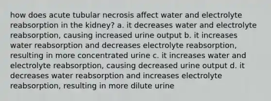 how does acute tubular necrosis affect water and electrolyte reabsorption in the kidney? a. it decreases water and electrolyte reabsorption, causing increased urine output b. it increases water reabsorption and decreases electrolyte reabsorption, resulting in more concentrated urine c. it increases water and electrolyte reabsorption, causing decreased urine output d. it decreases water reabsorption and increases electrolyte reabsorption, resulting in more dilute urine