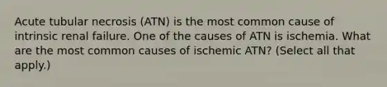 Acute tubular necrosis (ATN) is the most common cause of intrinsic renal failure. One of the causes of ATN is ischemia. What are the most common causes of ischemic ATN? (Select all that apply.)