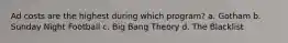 Ad costs are the highest during which program? a. Gotham b. Sunday Night Football c. Big Bang Theory d. The Blacklist