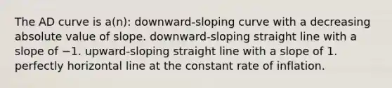 The AD curve is a(n): downward-sloping curve with a decreasing absolute value of slope. downward-sloping straight line with a slope of −1. upward-sloping straight line with a slope of 1. perfectly horizontal line at the constant rate of inflation.