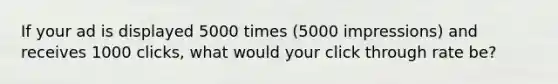 If your ad is displayed 5000 times (5000 impressions) and receives 1000 clicks, what would your click through rate be?